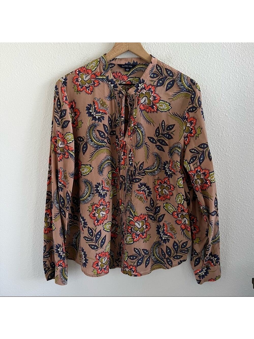 Land's End 100% Silk Paisley Floral Pleaded Front Top Button Front Casual 16